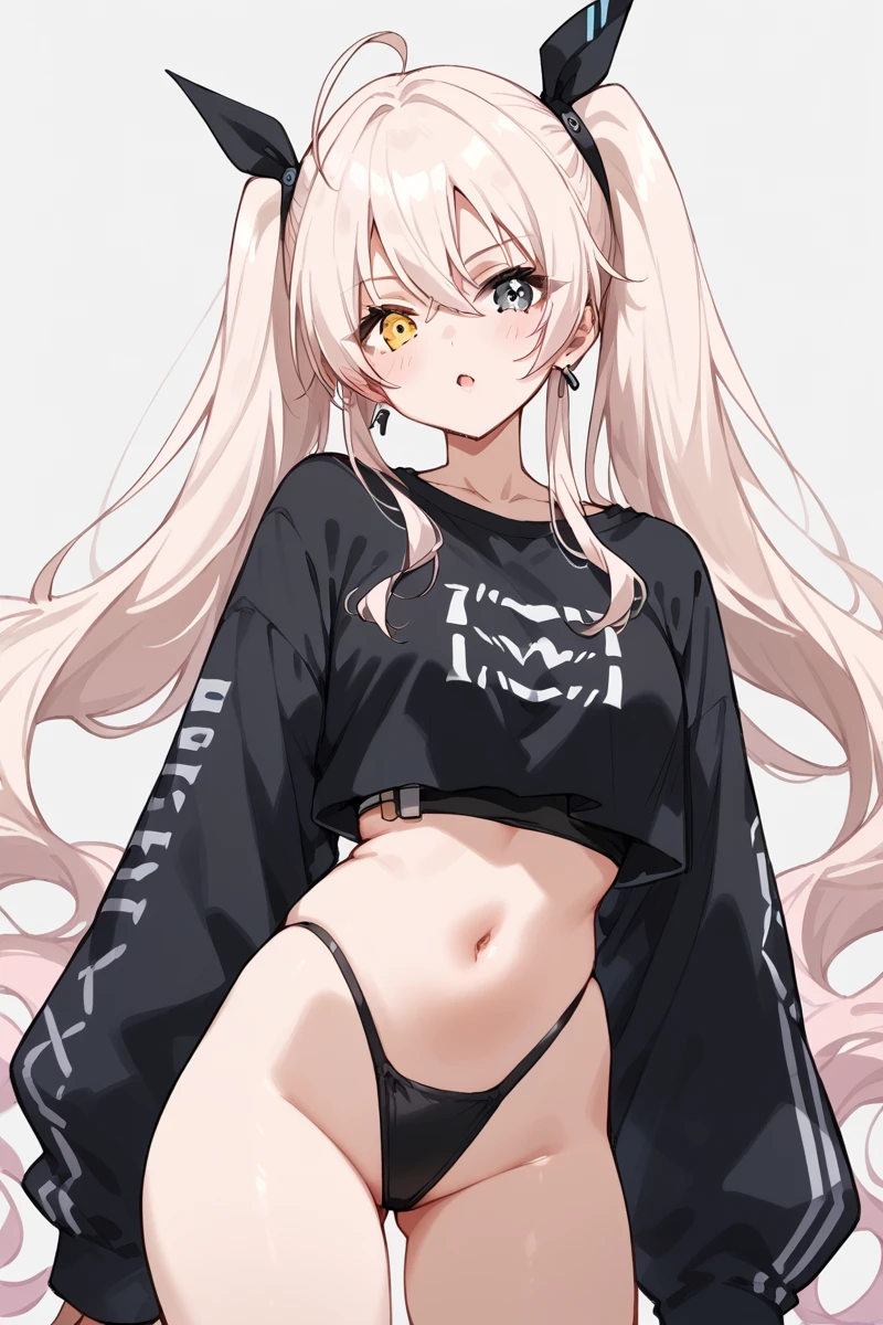 score_9, score_8_up, score_7_up, score_6_up, 1girl,
 <lora:Ichihoshi_Lumina:0.8> lumina, long hair, heterochromia, ahoge, twintails, black top, navel, black ,