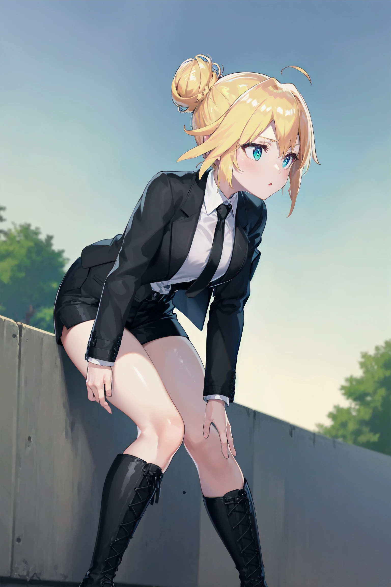 absurdres, high detail, 4k, outdoors, park, sky,
wide stance, bent down, outstretch arm,
slo, superbia, hcasual, single hair bun, black jacket, long sleeves, open jacket, white shirt, collared shirt, black necktie, tie clip, black shorts, knee boots, cross-laced footwear
<lora:MGCM-superbia-t1:0.7>