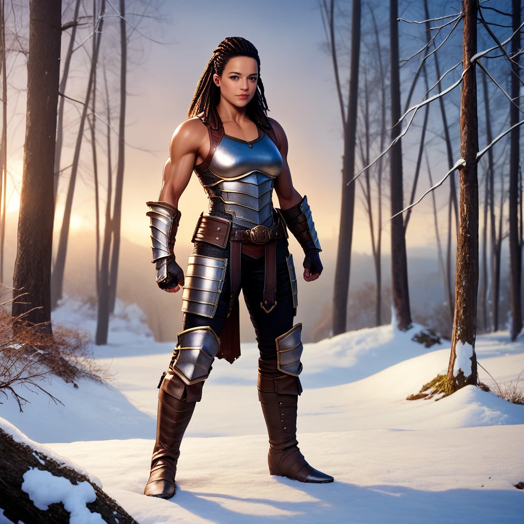 score_9, score_8_up, score_7_up, source_anime, photograph of  <lora:Michelle Rodriguez Pony:1> meg woman, tanned skin, standing in a snowy forest, winter, muscular body, armored legs, she's wearing (greaves), dreadlocks, wearing a leather armor, she's a dungeons and dragons (barbarian), gauntlets, fingerless gloves, boots, sleeveless, fit body, rating_safe