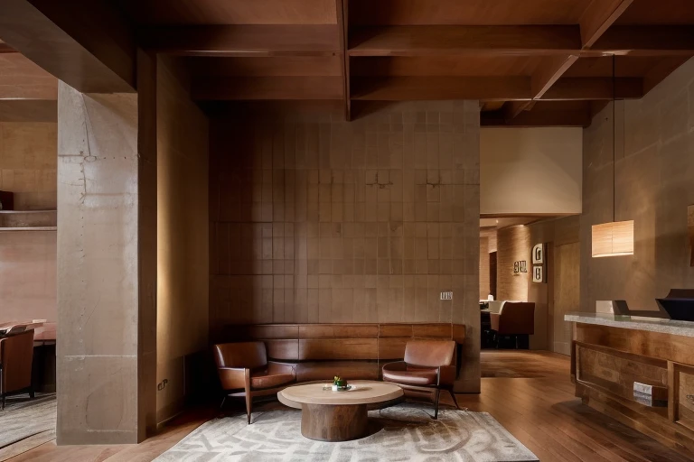 (bright red),lobby,reddish-brown brick,wood elements,metal,simple yet elegant,<lora:redbrick:0.7>,indoors,interior,red brick wall,Ceiling lights,round and soft,wooden beams,geometric pattern,carpet,
