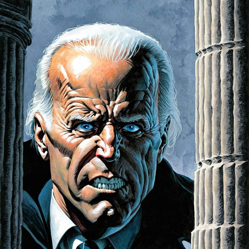 color illustration in (berniewrightson:1.2) style, extremely detailed, masterpiece, (tenebrism:1.3), high contrast,
president joe biden, stern fierce expression, eye contact, grim. angry, capital building pillars behind him <lora:BernieWrightson_Style_XL_V4.1:0.8>