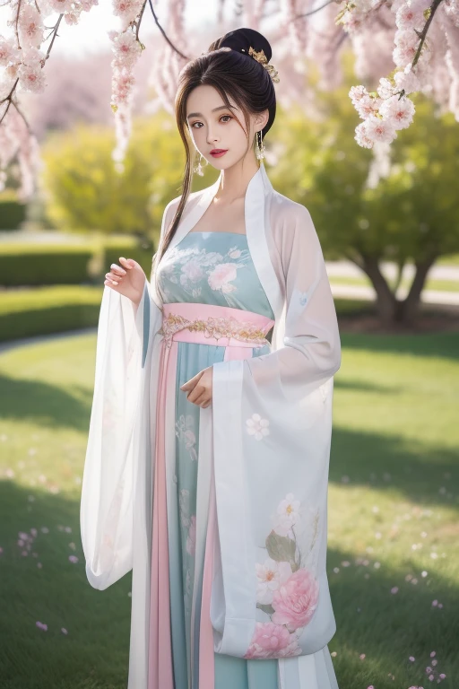 ltra-detailed,highly detailed,best quality,masterpiece,illustration,realistic,photorealistic,
1girl, solo, 
keziqun, hanfu, china dress, chinese clothes, sash, see-through, robe, 
long sleeves, wide sleeves, sleeves past wrists, sleeves past fingers, 
jewelry, earrings, 
long hair, hair bun, hair ornament, hair flower, 
looking at viewer, standing, 
outdoors, flower, grass, tree, water, 
 <lora:hanfu_keziqun_v1_04:0.7>