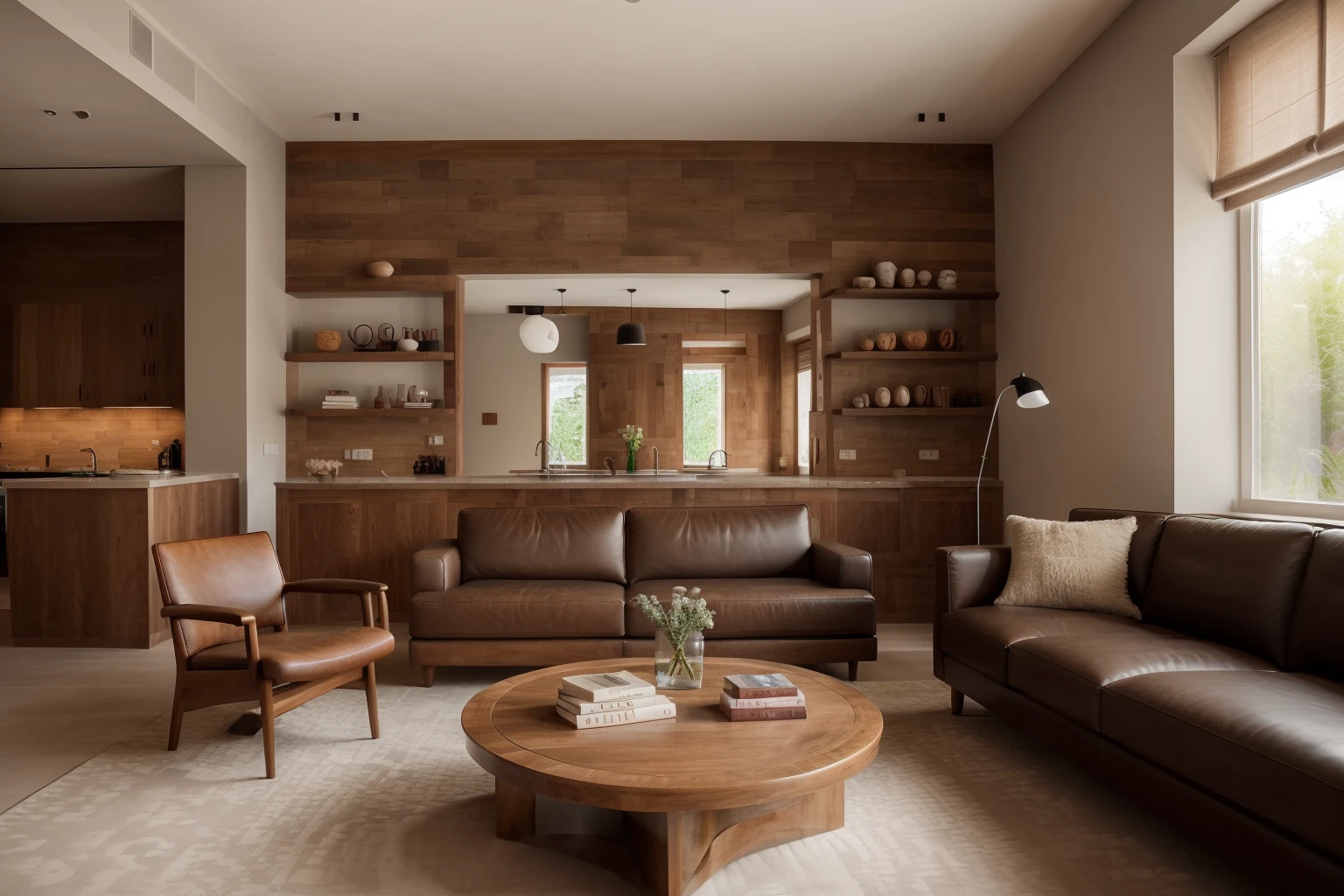 living room,contemporary style,dark red wooden grid,the space is layered and textured,a marble countertop,several books,a unique sculpture,a dark gray carpet,a round coffee table with books and decorative objects,a striped pattern,a set of dark brown leather sofas with clean lines and a few light-colored cushions,A decorative painting hangs on the wall and the lighting design is minimalis,cozy and modern,interior,indoors,brick,a large floor-to-ceiling window above the right,( window:0.9),warm atmosphere,modern minimalist style,<lora:redbrick:0.6>,