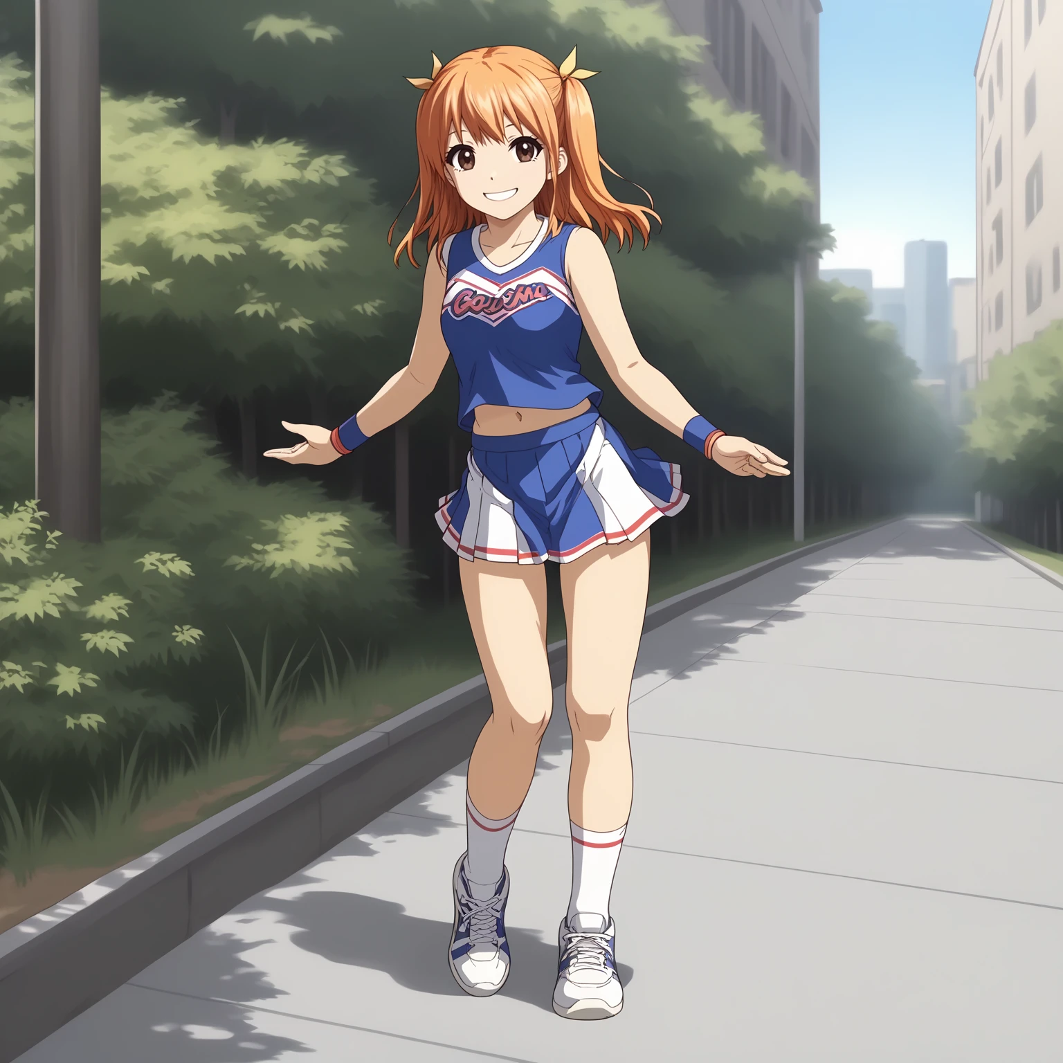 <lora:AgehaHikitaXLpony001>,
smile,
solo,
AgehaHikita,1girl,orange hair,two side up,brown eyes,
cheerleader,sleeveless,
wristband,bare hands,
navel,pleated_skirt,
white socks,sneakers,
outdoors,
full body,standing,