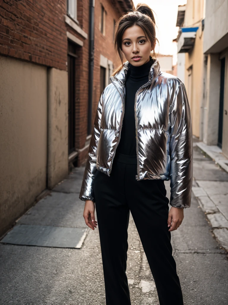 <lora:shiny silver jacket:1> shiny, silver jacket, black trousers,  1girl, in the alley,(8k, best quality, masterpiece:1.2), (realistic, photo-realistic:1.37), ultra-detailed, looking at viewer, full body, warm tone, cinematic light, brown ponytail hair, upper body,