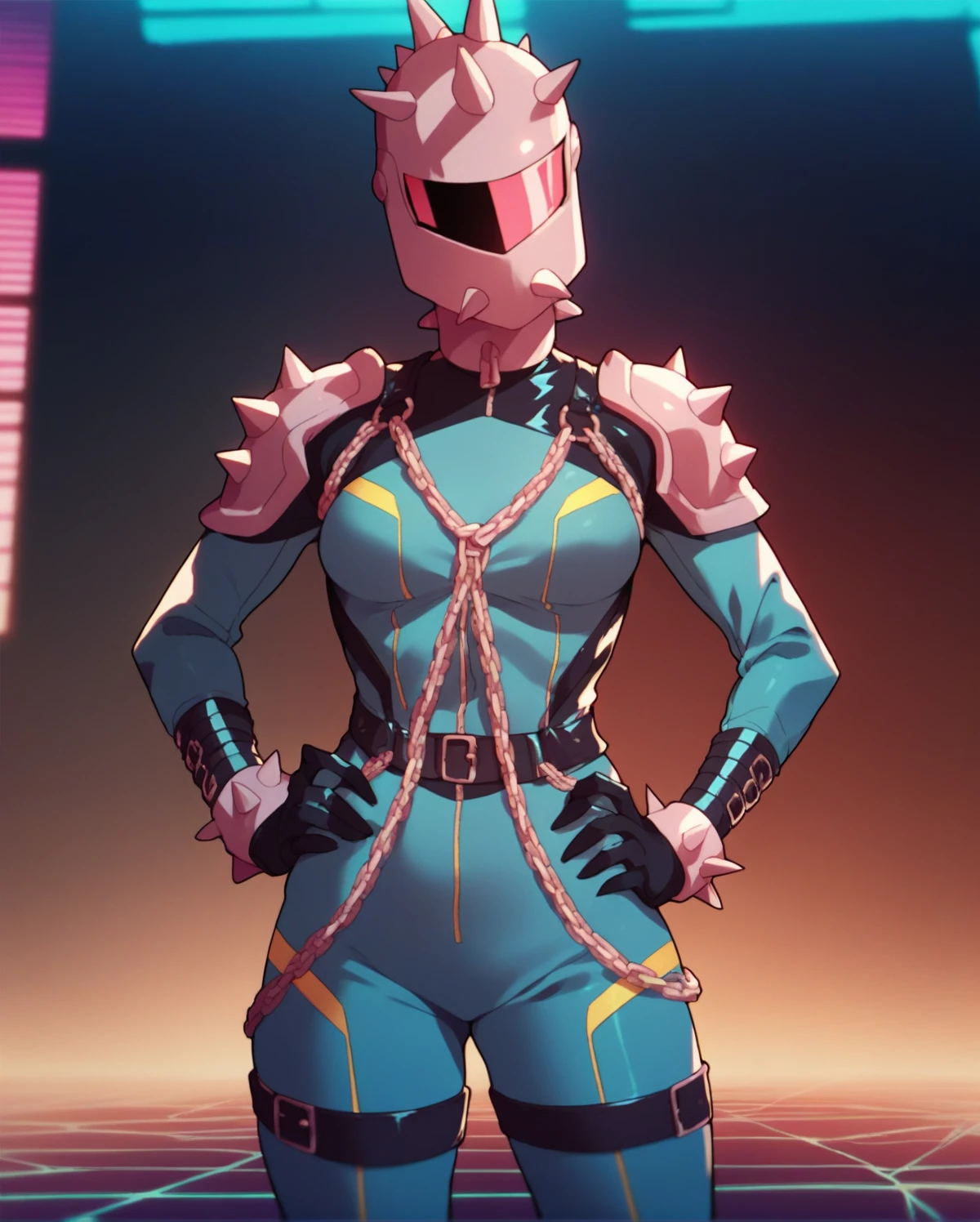 bodysuit, spikes, chains, looking at the viewer, helmet, hands on hips ((Sexy pose))<lora:Abscissa97:0.8> abscissa (Synthwave background), score_9, score_8_up, score_7_up, score_6_up, score_5_up, score_4_up