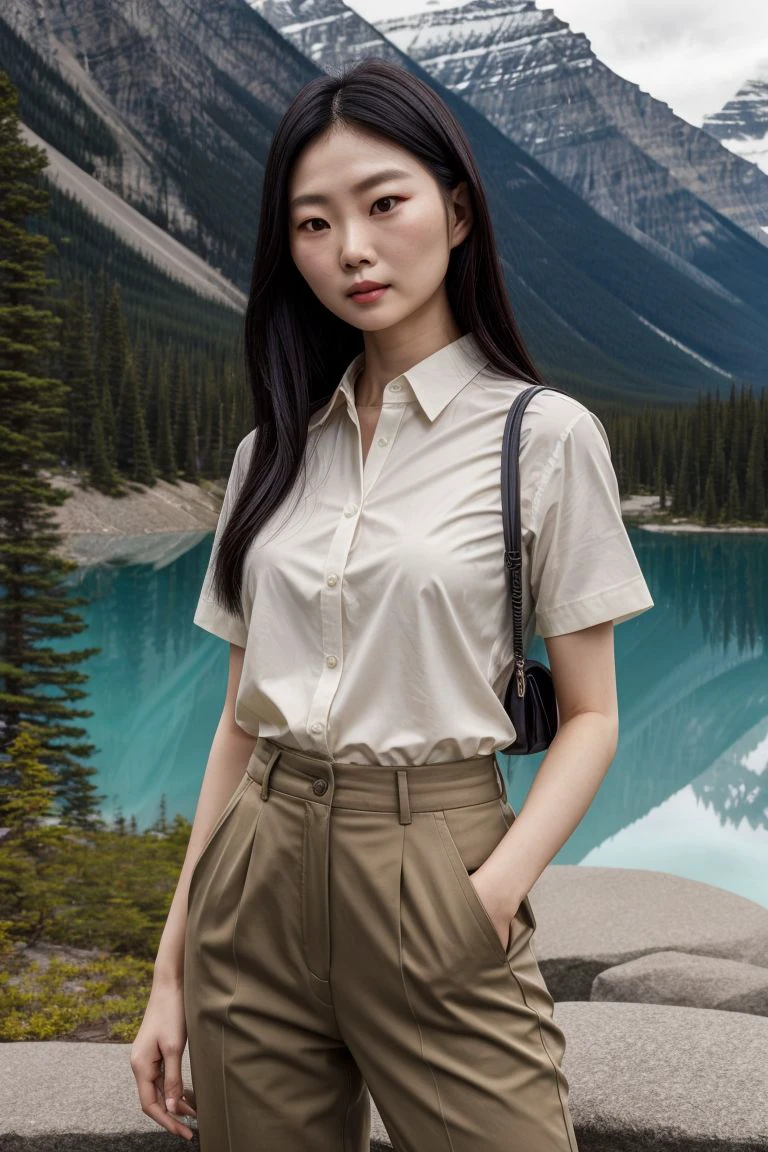 <lora:minitw_obj20:0.5>, asian woman, full_body, standing, sandals, (shirt), pants, (swiss alps), (minitw: 1.3), perfect face, (contact iris: 1.1), pale skin, skin pores , depth of field