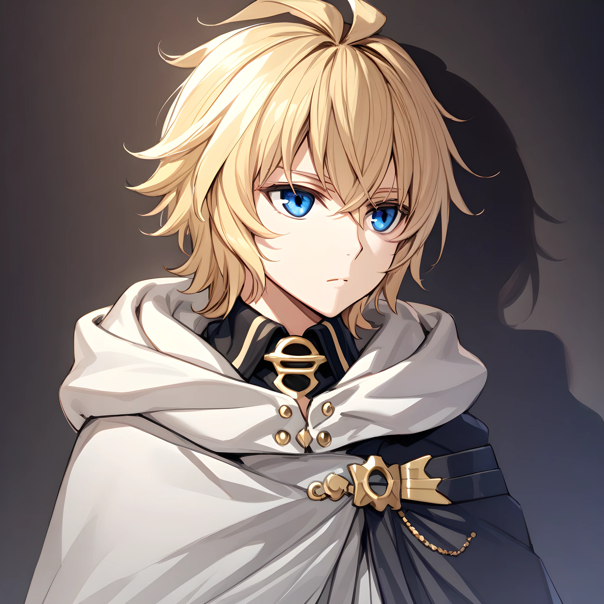 (masterpiece),(best quality),(ultra-detailed),(best illustration),(best shadow),(absurdres),(detailed background),(very aesthetic),hyakuya mikaela, 1boy, male focus, blue eyes, solo, blonde hair, white background, simple background, cloak, hood, upper body, closed mouth, expressionless, hood down<lora:mikaela:1>