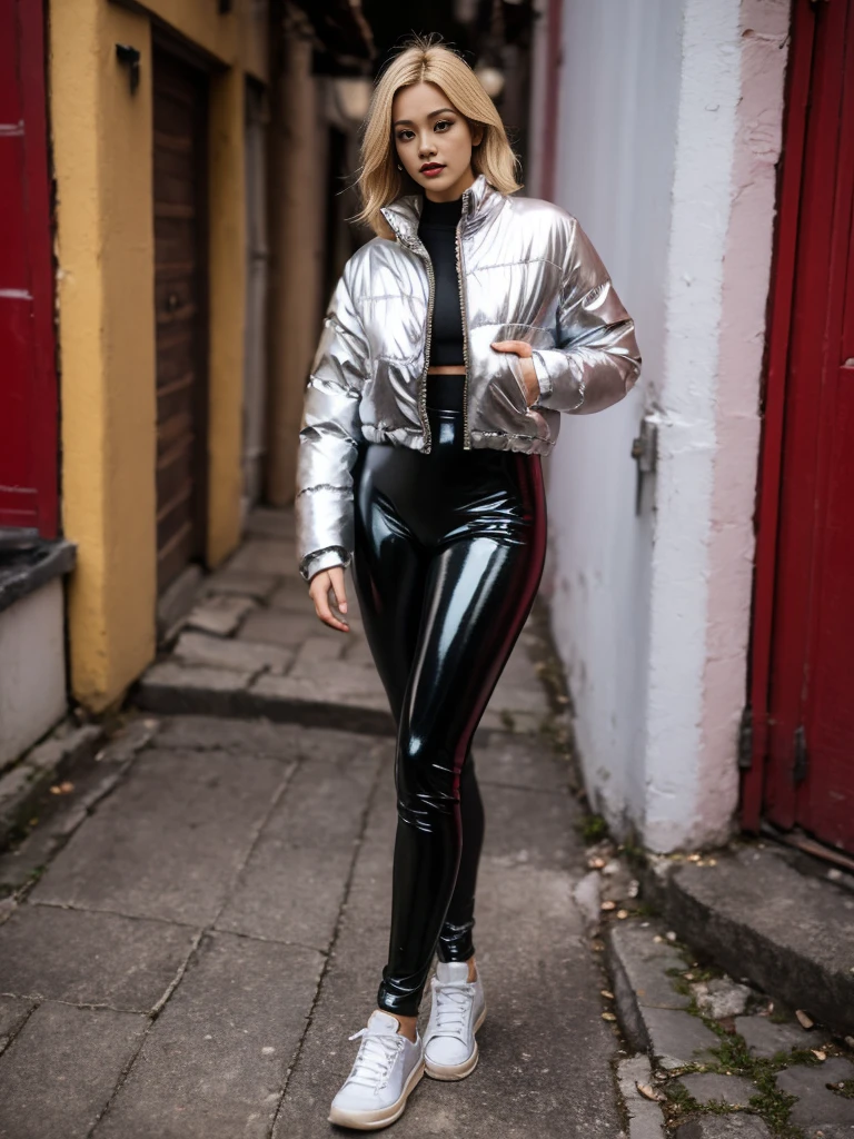 <lora:shiny silver jacket:1> shiny, silver jacket, 1girl, in the alley,(8k, best quality, masterpiece:1.2), (realistic, photo-realistic:1.37), ultra-detailed, looking at viewer, full body, warm tone, cinematic light,  <lora:Kim_Yeon_V2.0:1> slim body, blonde hair, black latex leggings,