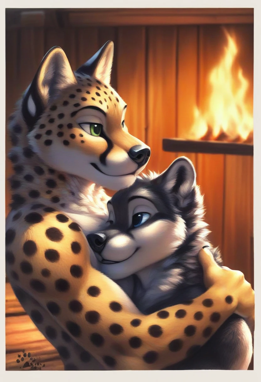 score_9, score_8_up, score_7_up, source_furry, rating_safe, by blotch,
anthro, duo, male/male, 
(wolf, black body, green eyes:0.9), (cheetah, spotted body, blue eyes:0.9).
embrace, hug, looking at each other, 
log cabin, fire place, detailed background,
watercolor, traditional media, 
<lora:BlotchV4-6:1>