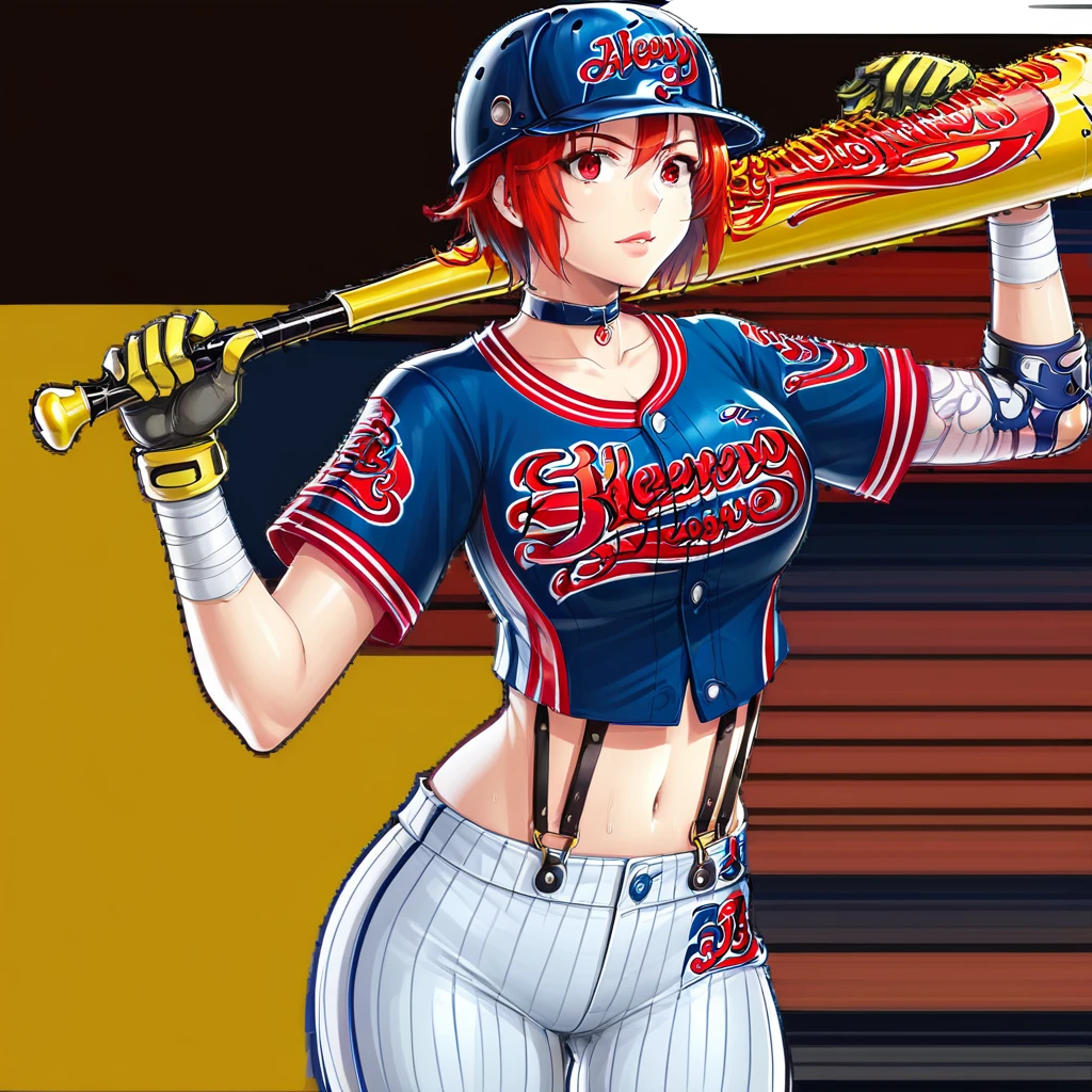 Short hair, red hair, sports wear, suspenders, baseball uniform, hair over one, baseball helmet, red eyes, chocker,