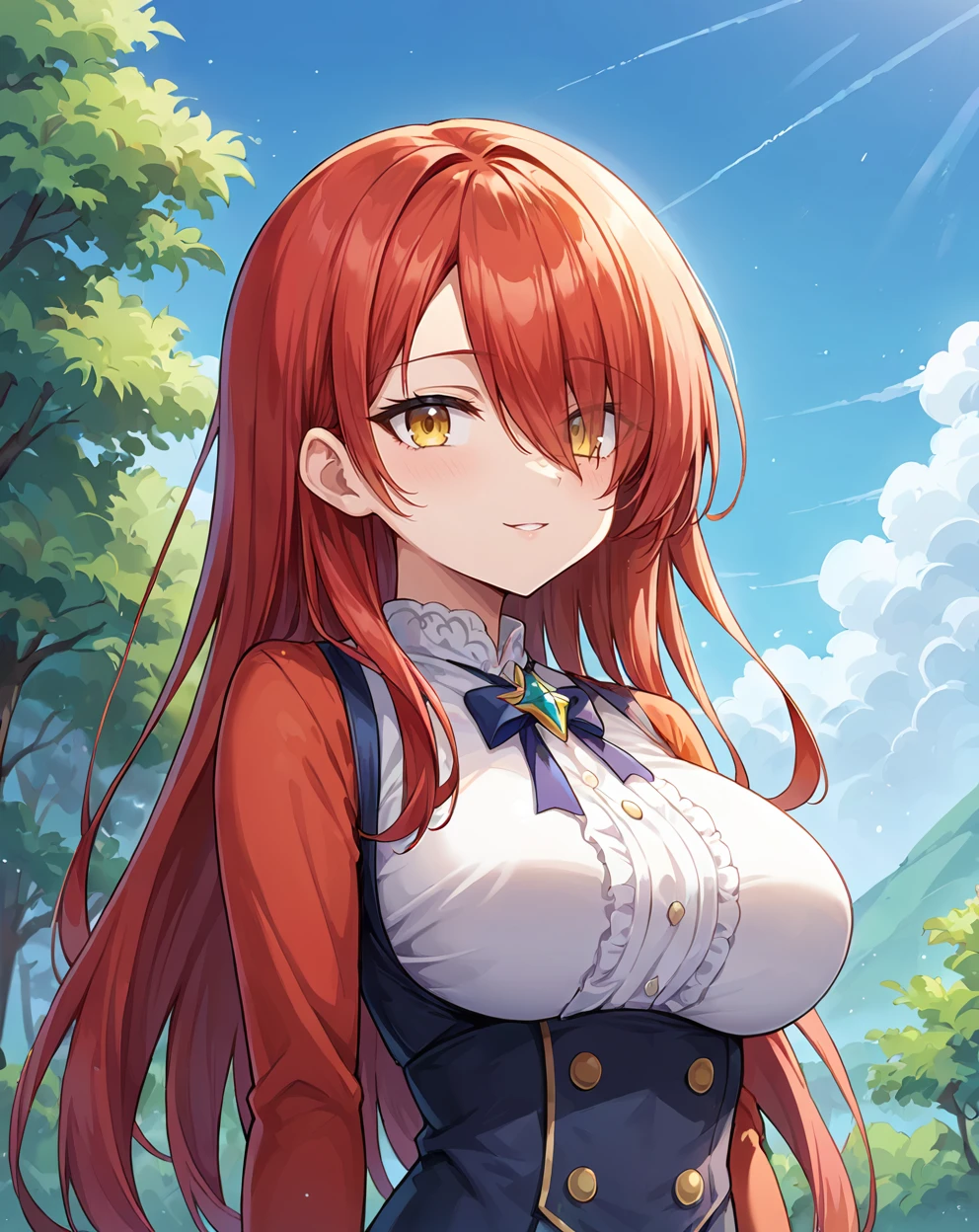 score 9, score 8 up, 1girl, masterpiece, upper body, outdoors, clothes, red hair, (hair over one eye:1.2), long hair, yellow eyes, large breasts,