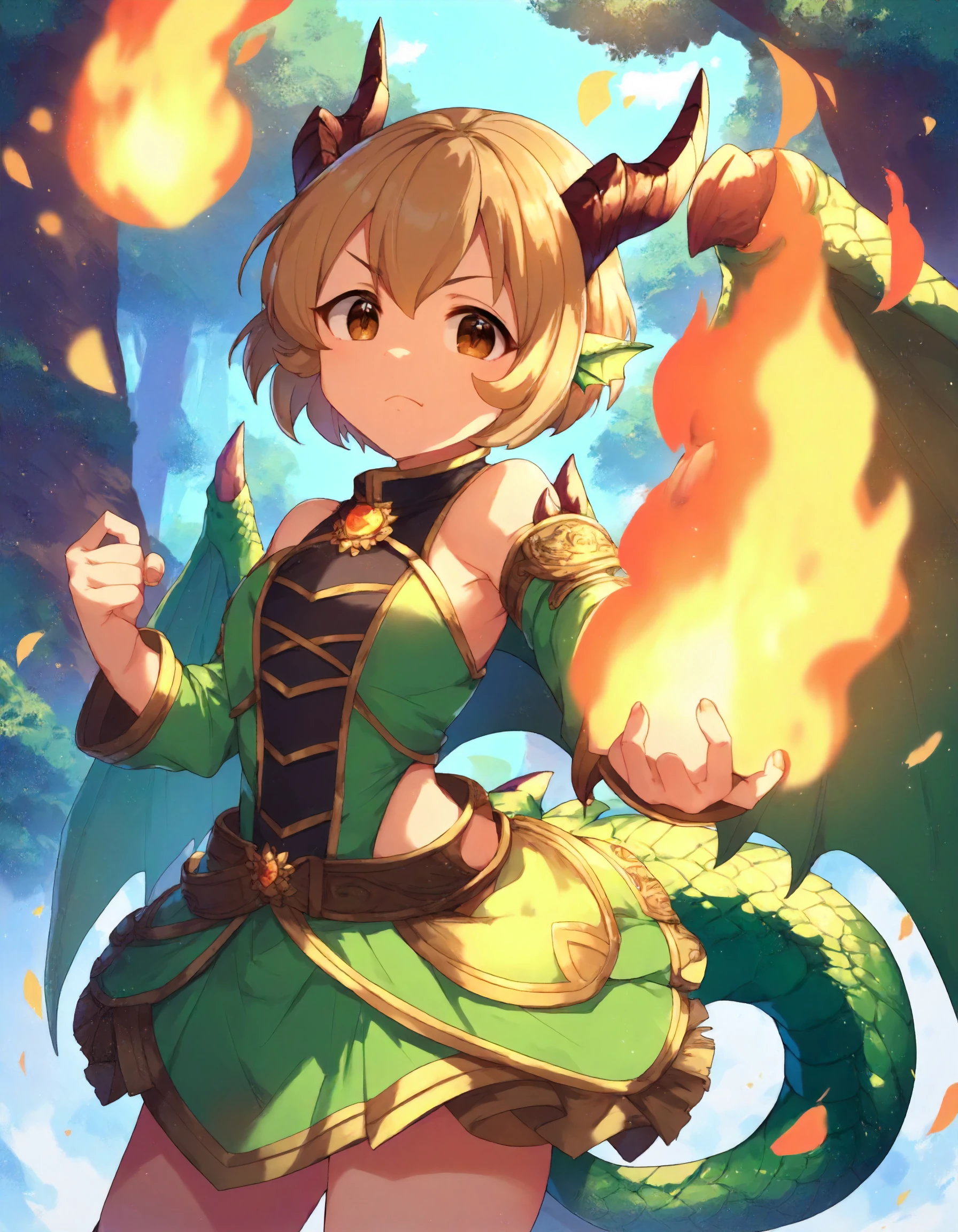score_9, score_8_up,score_7_up,1girl,solo,standing,cowboy shot,dynamic pose,looking at viewer,(smug:0.4),forest,dragon girl,fire,
<lora:kogakoharu_ponyXLV6:0.8>,cgkk,light brown hair,brown eyes,short hair,dragon horns,green dragon wings,green dragon tail