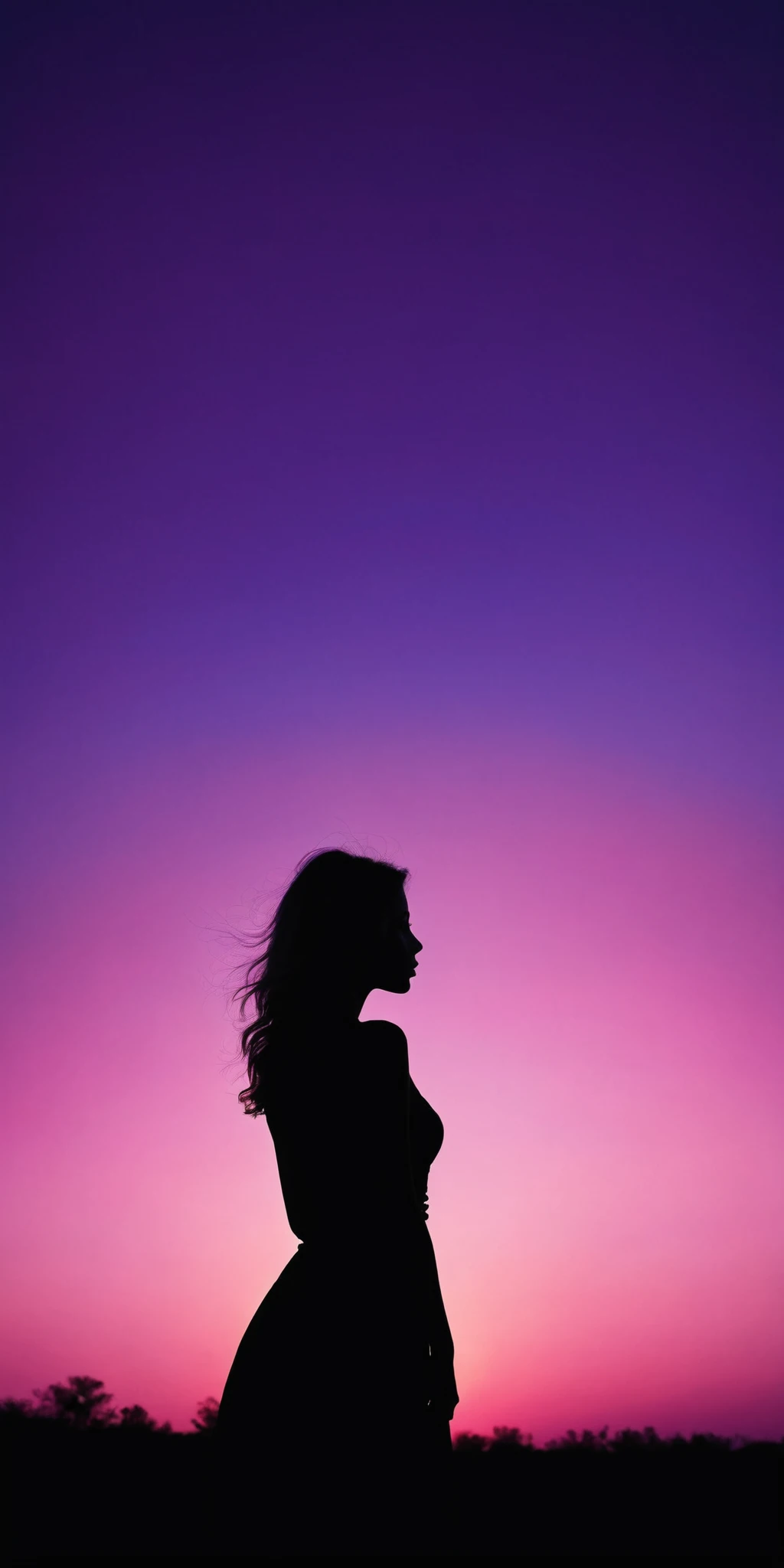 Woman's back,silhouette,pink and purple sky,sunset,serene,warm,surrealism style,high contrast,high definition photography,<lora:HMSGåªå½±XL-000001:0.8>,