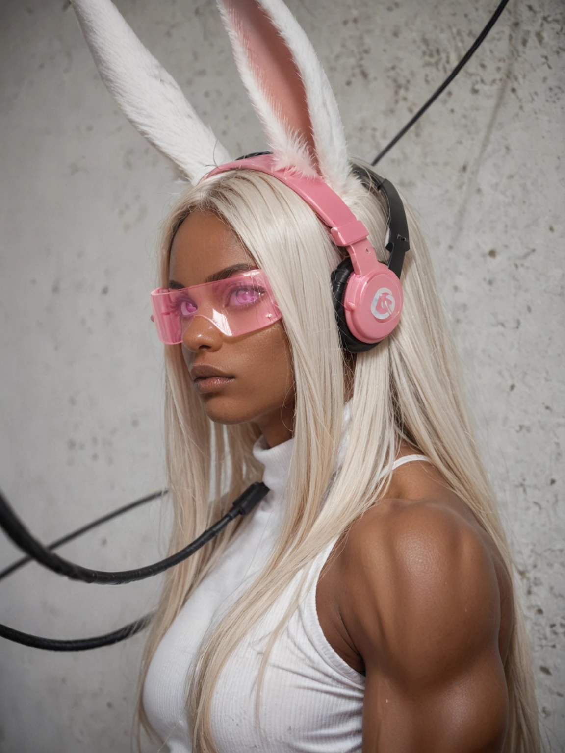 from side, 1girlrumi usagiyama, long hair, animal ears, white hair, dark skin, rabbit ears, dark-skinned female, muscular, rabbit girl, muscular female, parted bangs,expressionless,pink visor,glowing visor,headphones ,wire,standing , (empty eyes, pink eyes, no pupils), looking at the viewer,photo, raw,realistic, score_9, score_8_up, score_7_up, score_6_up