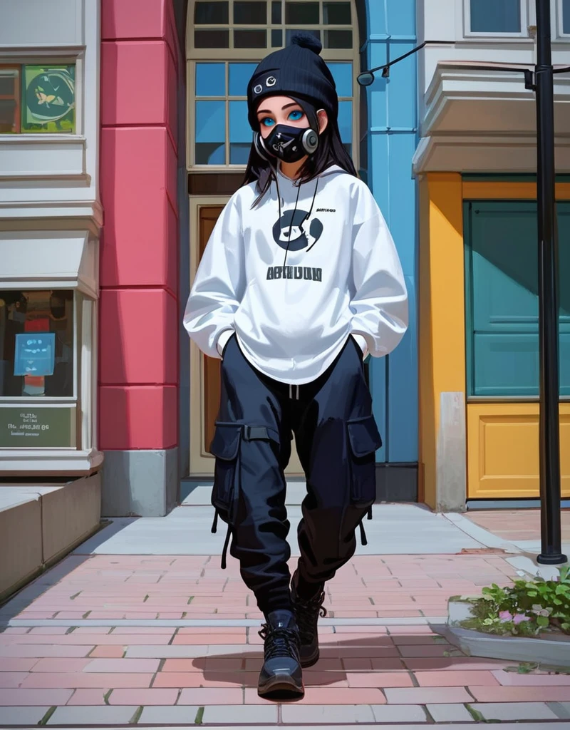 zPDXL2, <lora:TechwearV2:1>, t3chwear, 
1girl, cute face, detailed eyes, long black hair, blue eyes, black face mask, black beanie, walking on a sidewalk, headphones, hands in pockets, full body