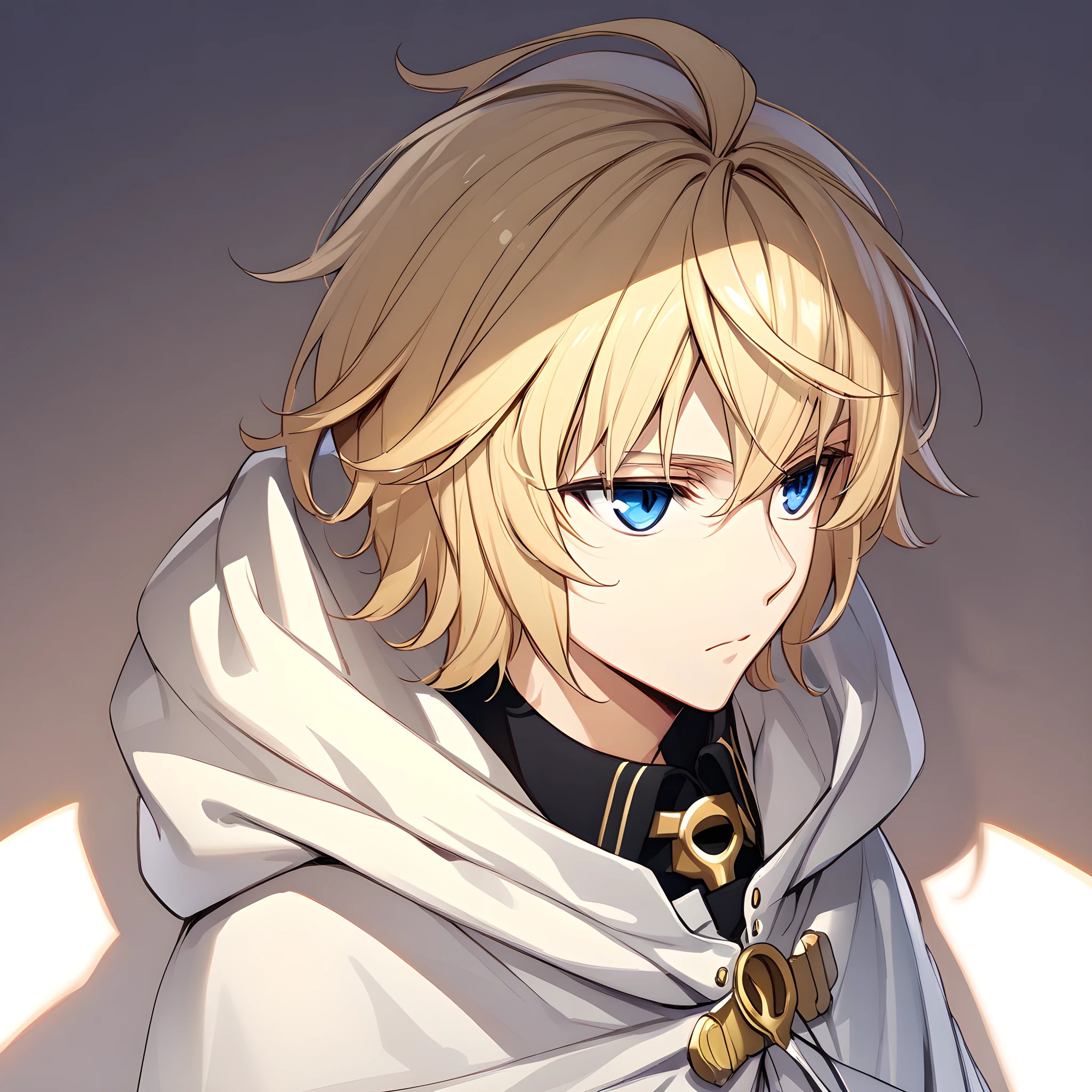 (masterpiece),(best quality),(ultra-detailed),(best illustration),(best shadow),(absurdres),(detailed background),(very aesthetic),hyakuya mikaela, 1boy, male focus, blue eyes, solo, blonde hair, white background, simple background, cloak, hood, upper body, closed mouth, expressionless, hood down<lora:mikaela:1>