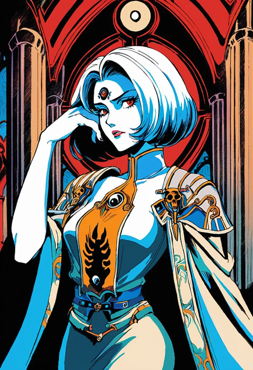 Anime Illustration, 1woman, Lady Navigator, (cassia), Warhammer 40K, upper body, pale skin, shaded face, short hair, white hair, blush, shy, red eyes, third eye, small breasts, ornate robes, hand on own ear, flirty, retro artstyle, bold outlines, desaturated colors, gothic style architecture, indoors, solo, cel shading, extremely detailed