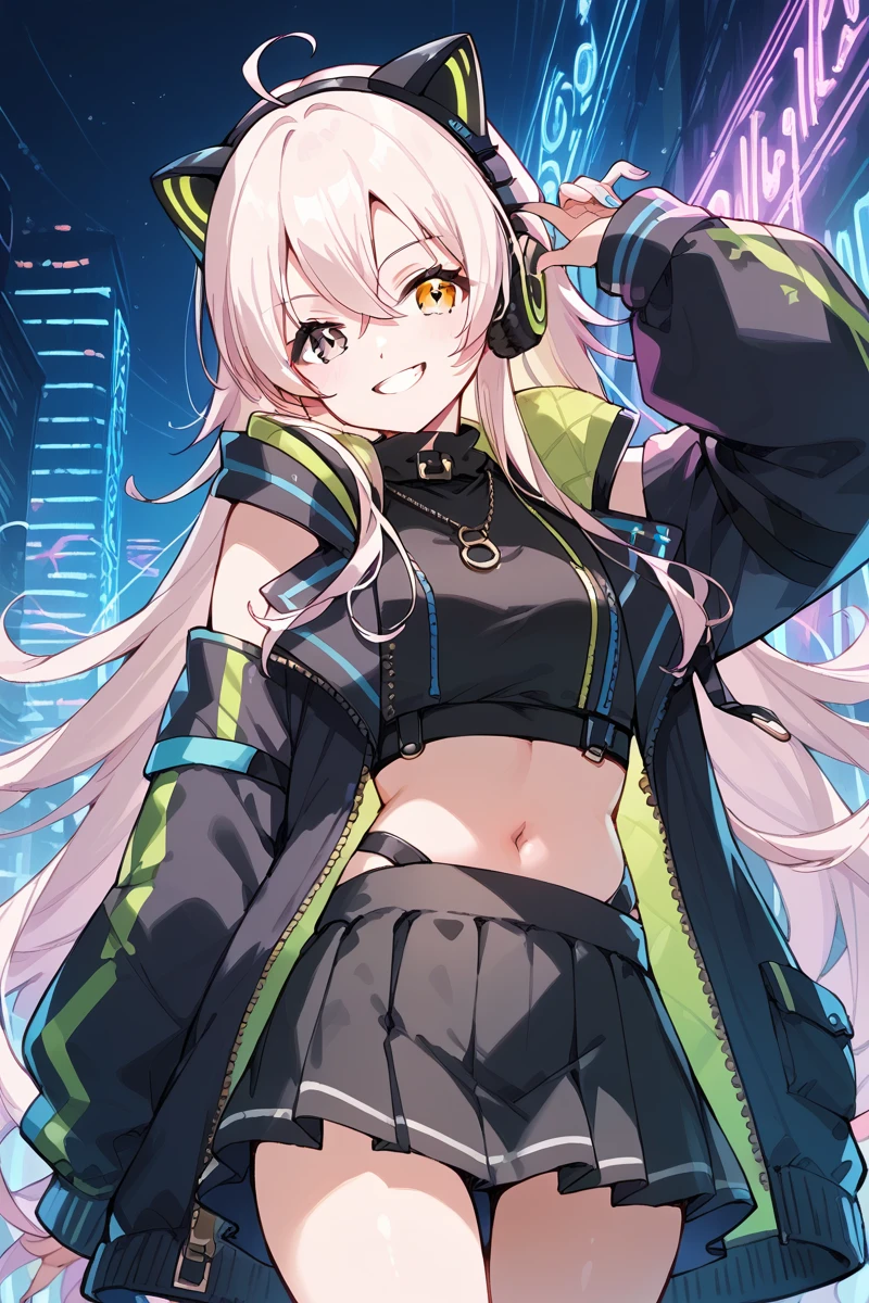 score_9, score_8_up, score_7_up, score_6_up, 1girl,
 <lora:Ichihoshi_Lumina:0.8> lumina, long hair, heterochromia, ahoge, virtual youtuber, long jacket, black top, navel, smile, black skirt, cat headphones, neon lights,