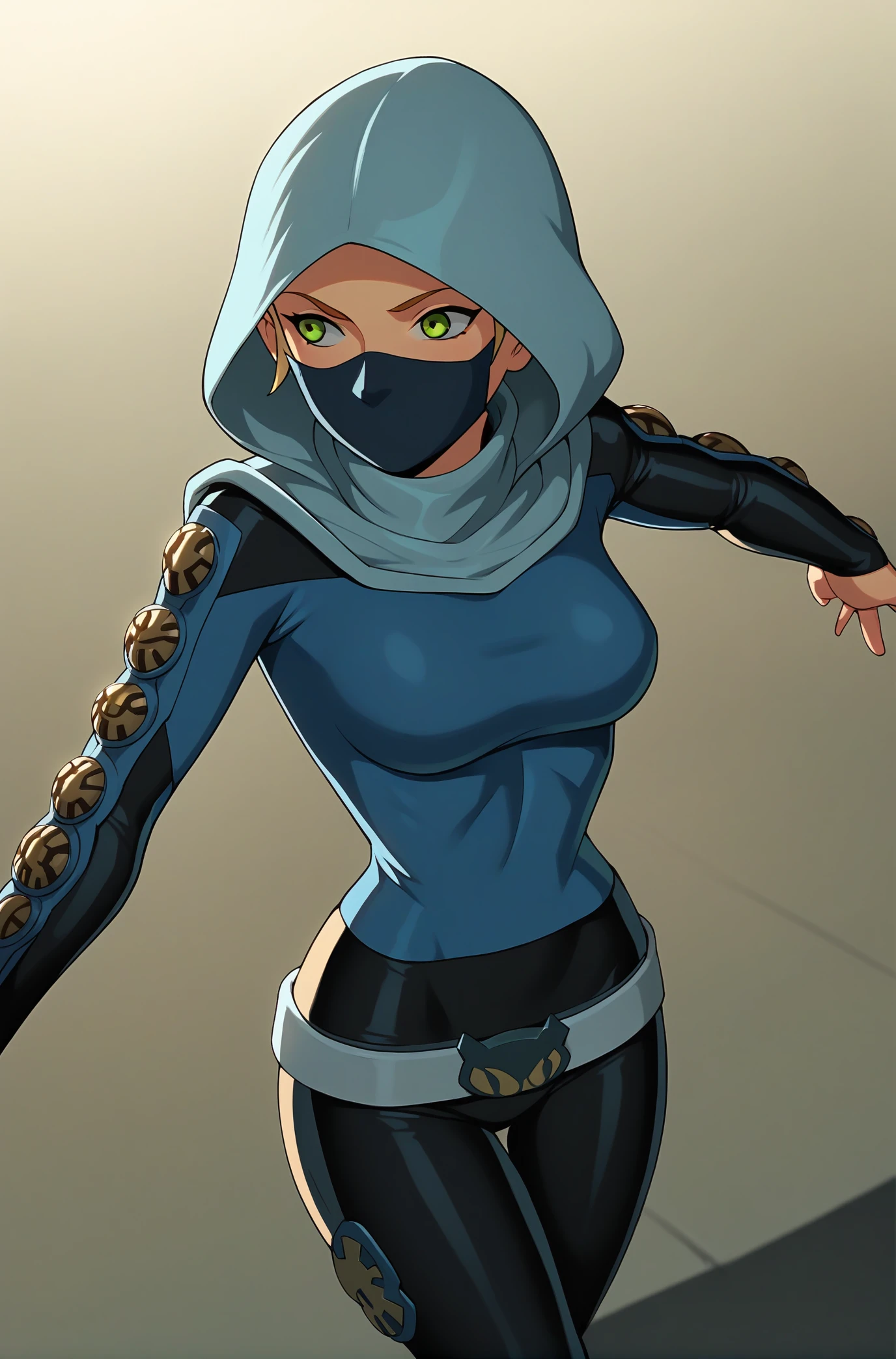 score_9, score_8_up, score_7_up, score_6_up, vivid colors, shiny skin, skindentation, deep skin, depth of field, high quality, highres, (dynamic angle,dynamic pose), source_cartoon
futuregwenxl, 1girl, solo, medium breasts, green eyes, belt, hood, shirt, long sleeves, scarf, looking to the side, mask, hood up, mouth mask, hooded bodysuit, gwen tennyson
BREAK
masterpiece,high quality
<lora:Future_Gwen_Ben10Pony:0.9>