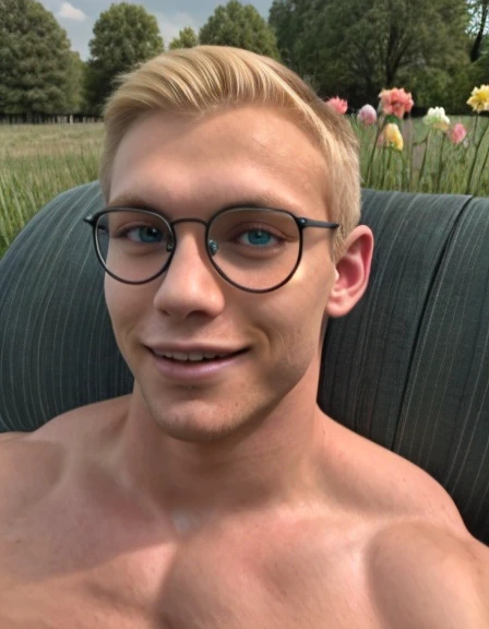 cowboy shot, male focus, 1boy,  bedroom, dark, laying on bed, masturbating under sheets, cute, glasses, freckles, lamp light, reflections, ambient light, hand under sheets, bulge under sheets, open mouth, closed eyes, dark, bad boy,teeth, cum on face , blonde, emo hair, testicles outline