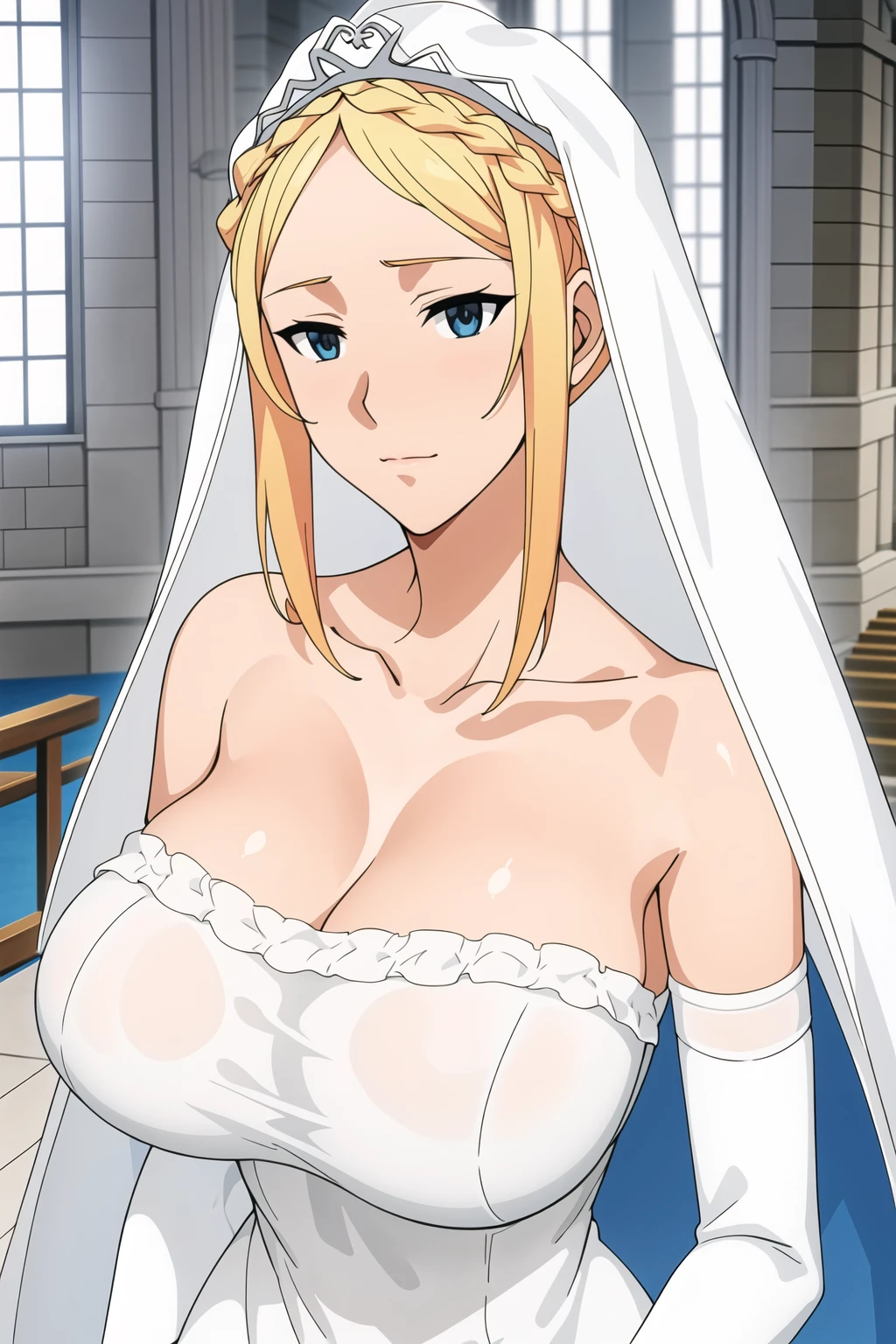 window, large church , blue carpet floor ,architecture, 
dynamic pose,standing at attention,
wedding dress, bridal veil, bare shoulders, collarbone, cleavage,
<lora:Darkness_Konosuba_Wedding-KK77-V1:0.7>,strapless, 
blue eyes, Blonde hair,bangs,Hair bun,braid, 
<lora:more_details:0.1>,<lora:Oda_Non_Style-KK77-V2:0.3>,<lora:Sexy_AIart-KK77-V1:0.3>,
1 girl, 20yo,Young female,Beautiful long legs,Beautiful body,
Beautiful Nose,Beautiful character design, perfect eyes, perfect face,expressive eyes,perfect balance,
looking at viewer,(Focus on her face),closed mouth, (innocent_big_eyes:1.0),(Light_Smile:0.3),
official art,extremely detailed CG unity 8k wallpaper, perfect lighting,Colorful, Bright_Front_face_Lighting,White skin,
(masterpiece:1.0),(best_quality:1.0), ultra high res,4K,ultra-detailed,
photography, 8K, HDR, highres, absurdres:1.2, Kodak portra 400, film grain, blurry background, bokeh:1.2, lens flare, (vibrant_color:1.2),professional photograph,
(Beautiful,large_Breasts:1.4), (beautiful_face:1.5),(narrow_waist),