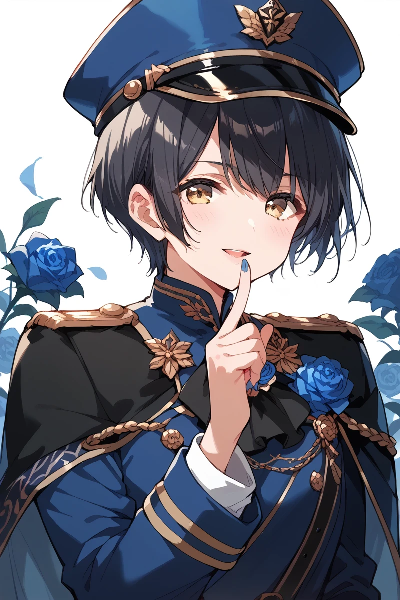 score_9, score_8_up, score_7_up, score_6_up, 1girl,
<lora:Miyake_Aoi:0.9> aoi, black hair, short hair, blue jacket, epaulets, blue cap, blue rose,