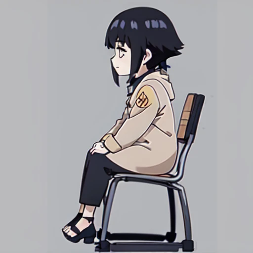 JS_GameCharacterKit,1girl,sitting on a chair,side view,hyuuga hinata,black hair, short hair, white eyes,coat,long sleeves,pant, sandals, <lora:JS_GameCharacterKit_SideSitting:0.8> ,<lora:HinataHyuga:0.85>