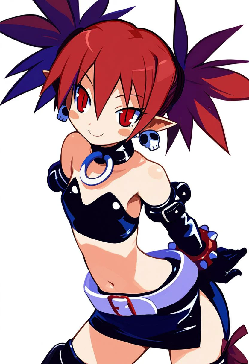 score_9, score_8_up, score_8, medium breasts, (curvy), cute, smug, eyelashes
1girl, :3, arm strap, arms behind back, bandeau, bare shoulders, belt, black gloves, black skirt, blush stickers, buckle, choker, closed mouth, collar, cowboy shot, demon girl, earrings, elbow gloves, etna (disgaea), female focus, from side, gloves, hair between eyes, hair tie, jewelry, leaning forward, light smile, looking to the side, makai senki disgaea 2, midriff, miniskirt, navel, pointy ears, prinny, red eyes, red hair, short twintails, side slit, simple background, skirt, skull earrings, slit pupils, smile, solo, spiked hair, studded bracelet, twintails, white background,
looking at viewer, head tilt, 
Expressiveh, zPDXL2