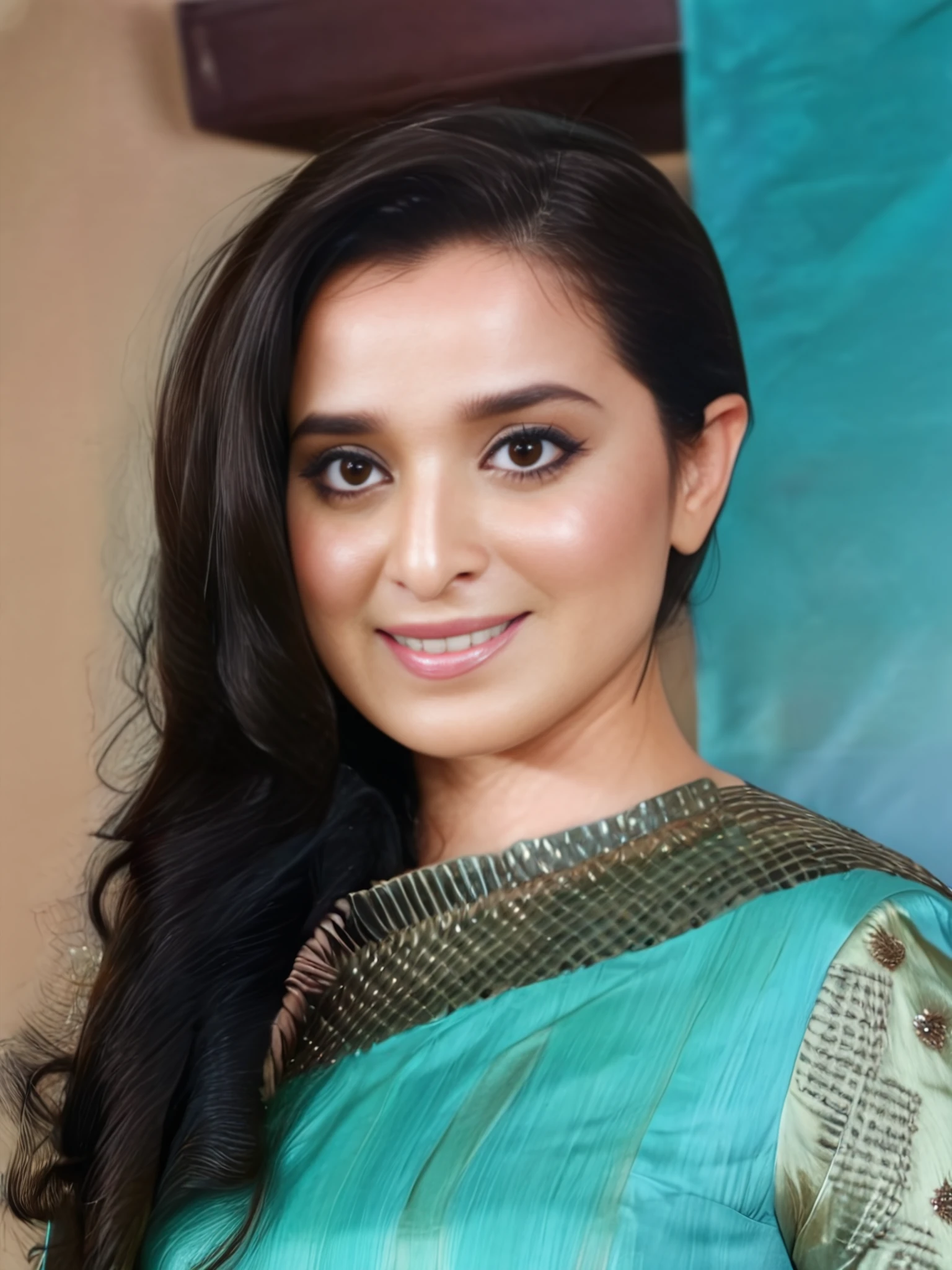 portrait photo of Simone Singh woman,  wearing conservative intricate Cyan colored clothing, , smile, looking at the camera <lora:Simone_Singh_SDXL_LoRA_adafactor-000004:1>