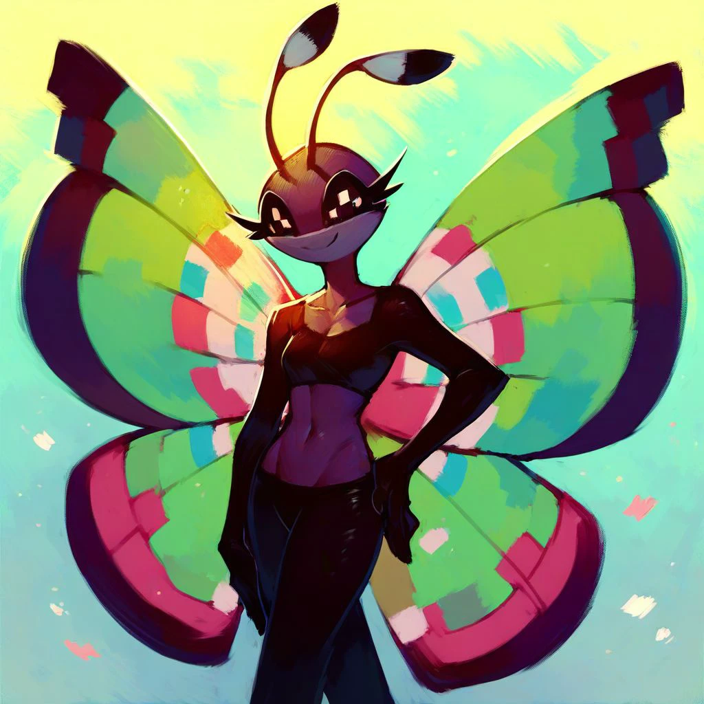 score_9,score_8_up,score_7_up,score_6_up,score_5_up,score_4_up,, Vivillon, pokemon (creature), butterfly wings, black eyes, antenna, solo, no humans, hand on hip, smile, eyelashes, navel, collarbone