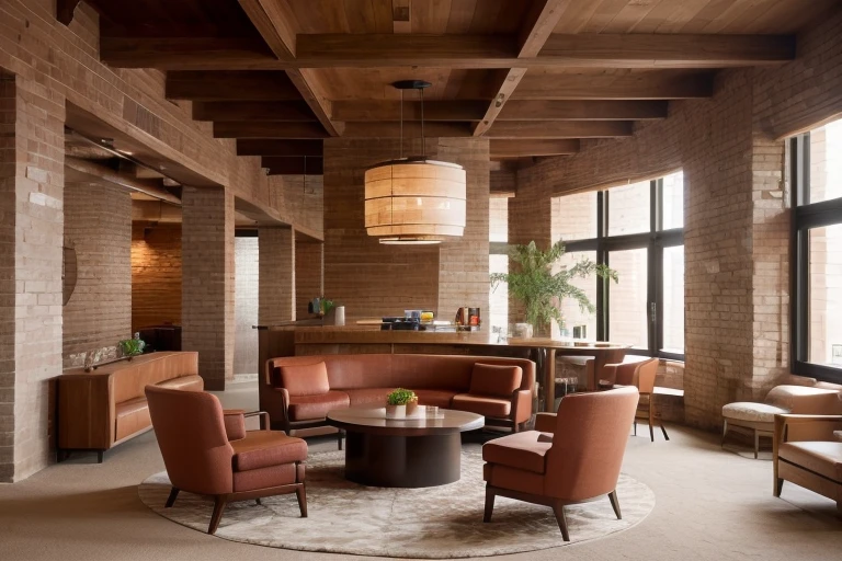 (bright red),colorful furniture, lobby, big space, reddish-brown brick,wood elements,metal,simple yet elegant,<lora:redbrick:0.5>,indoors,interior,red brick wall,Ceiling lights,round and soft,wooden beams,geometric pattern,carpet,