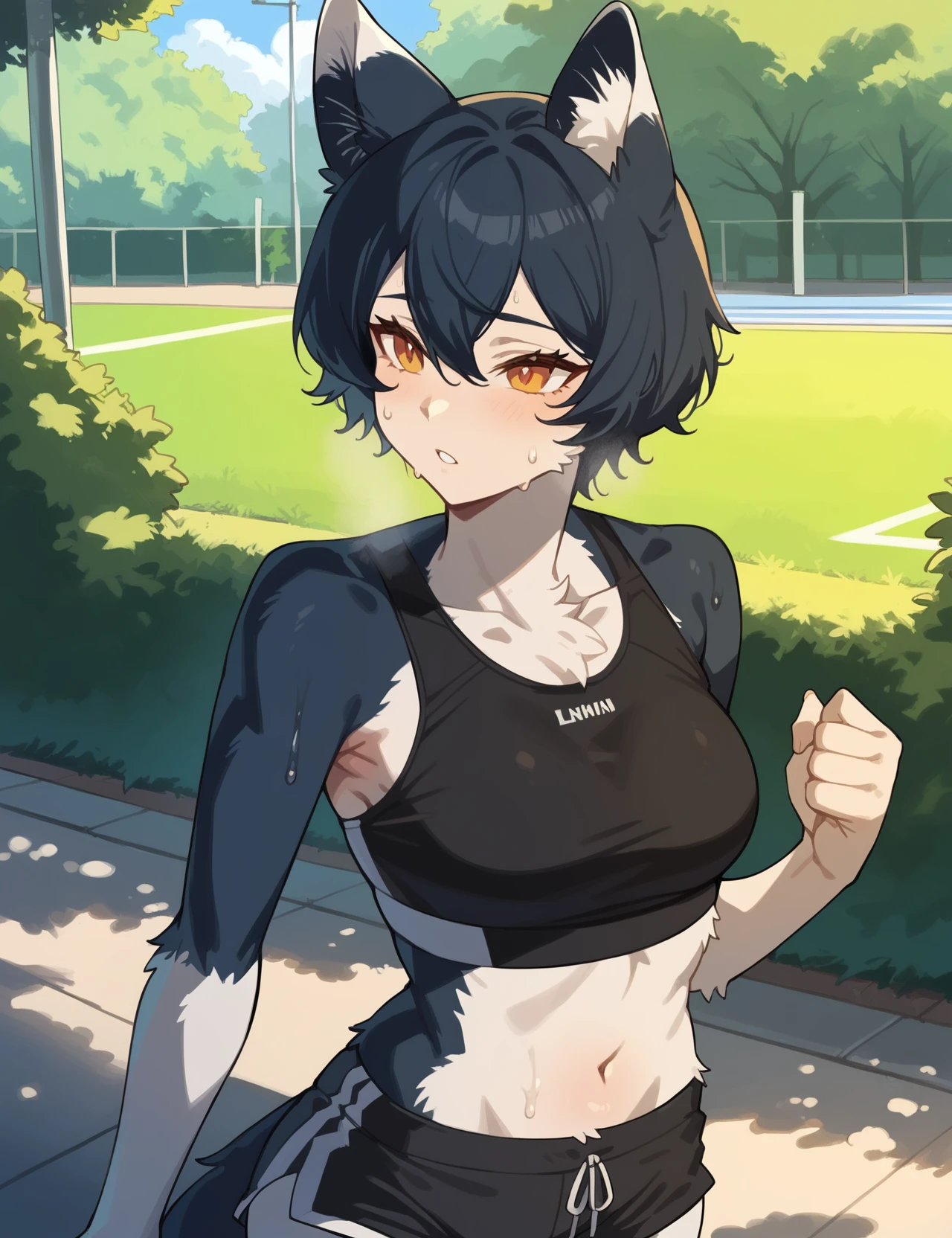 score_9, score_8_up, score_7_up,
1girl, solo, ((masterpiece,best quality)), absurdres,
<lora:IzutsumiPXL:1> IzutsumiPXL, fur body, white fur, black fur, small breast, solo,
park, jogging, (sports bra, revealing shorts,translucent topwear), sweat, outdoors, half body portrait, 
<lora:Smooth Anime Style LoRA XL:0.6> Smooth, Anime, <lora:Expressive_H:1> Expressiveh