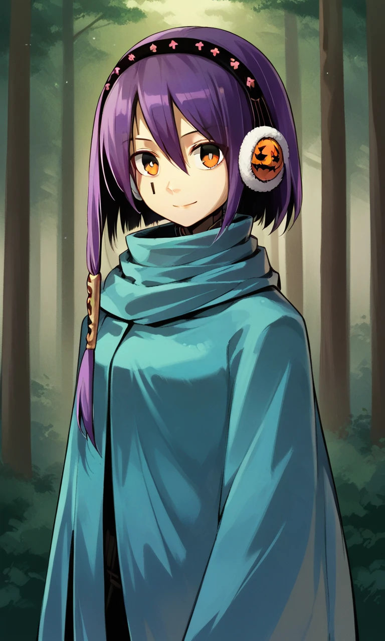 score_9, score_8_up, score_7_up, source_anime BREAK, 1girl, solo, Olympia, android, cloak, earmuffs, smile, forest, upper body, portrait, purple hair