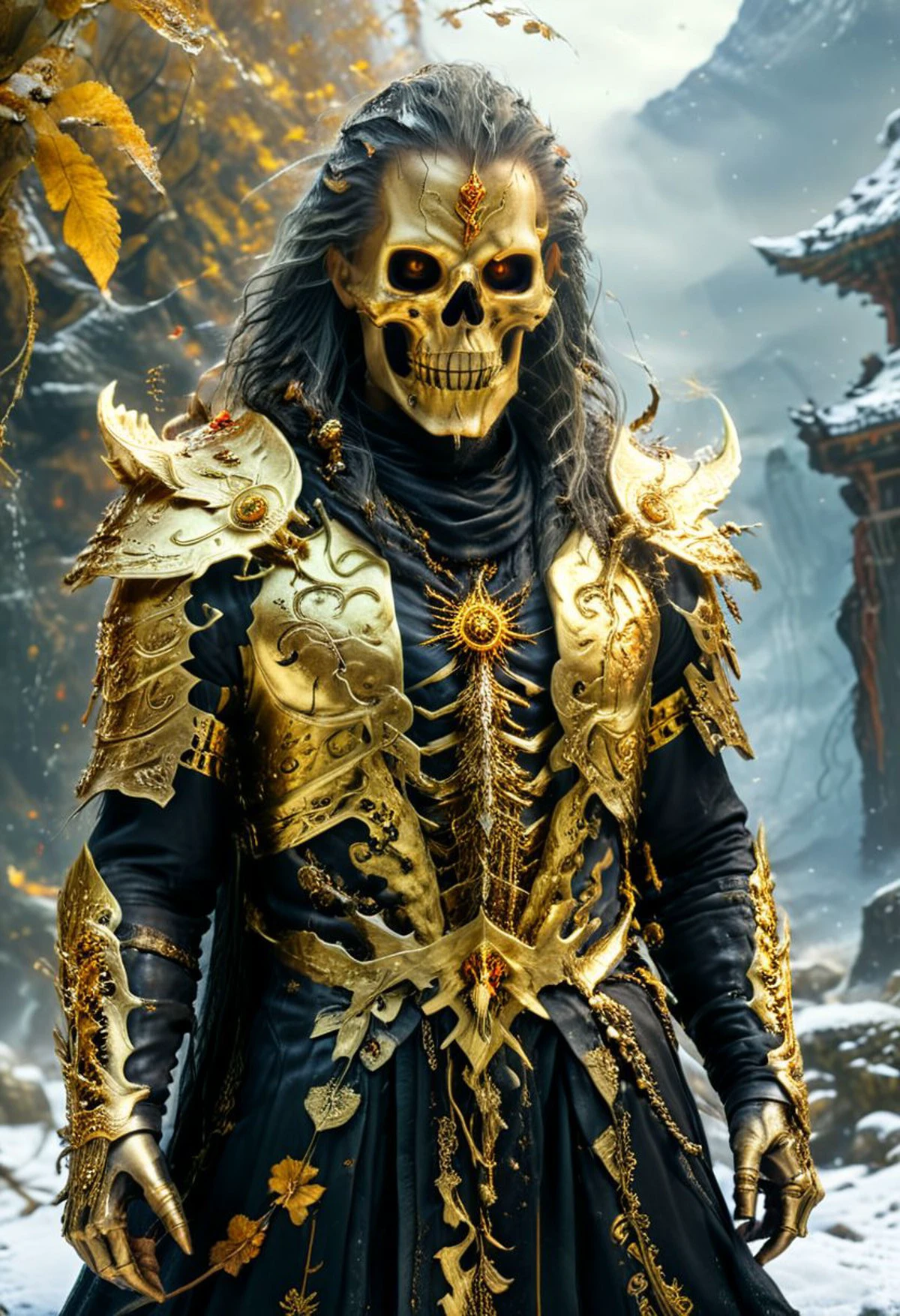 cinematic photo of a Kelemvor the lord of the dead, judge of the damned, dark canvas shaman clothes with gold plating, tattoos, 
black and gold robe, long snow flowing hair, deus ex machine, skeletons in the background, 
ecstasy of insects and decayed leaves, snakes and worms, tormented pain spiraling into an endless abyss,
full body photo, scenery, solo, symmetric body, symmetric head,
epic scene, photorealistic, realism,
insanely detailed, hyper realistic, ultra realistic, dramatic light, cinematic, highly detailed