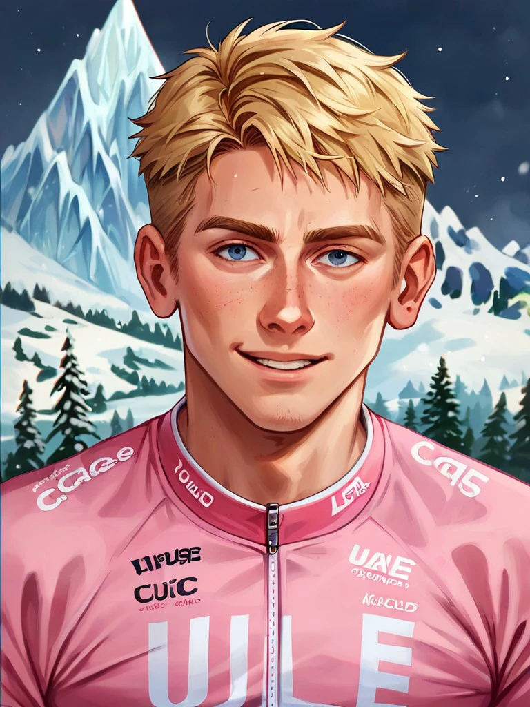 score_9, score_8_up, score_7_up, score_6_up, source_anime, 1boy, mountain, winter, ice, tadej_pogacar,giro, pink cycling jersey ice castle, outdoors, snow on road,  (((portrait of tadej_pogacar))), <lora:tadej_pogacar:1>, smile, hair, blonde hair, uae,  mutant, alien