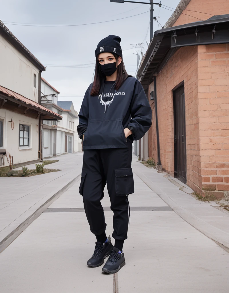 zPDXL2, <lora:TechwearV2:1>, t3chwear, 
1girl, cute face, detailed eyes, long black hair, blue eyes, black face mask, black beanie, walking on a sidewalk, headphones, hands in pockets, full body