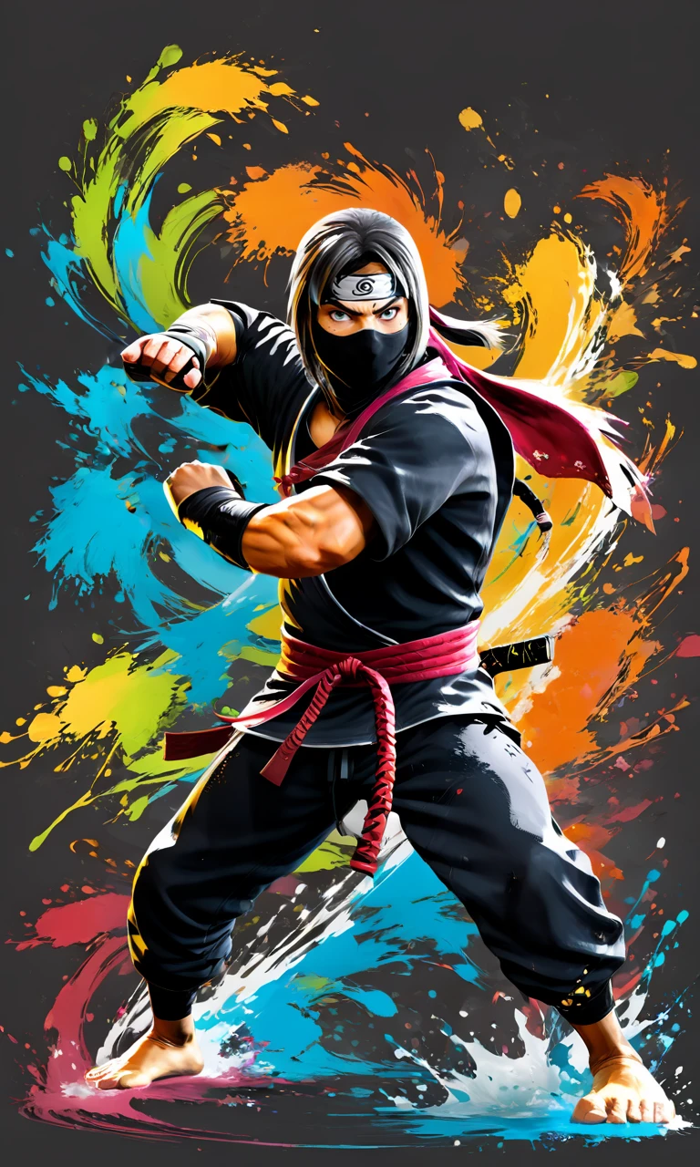 a ninja in a fighting stance, paintsplashsdxl, <lora:paintsplashsdxl:1>, vibrant color, best quality, masterpiece, action pose, tabi