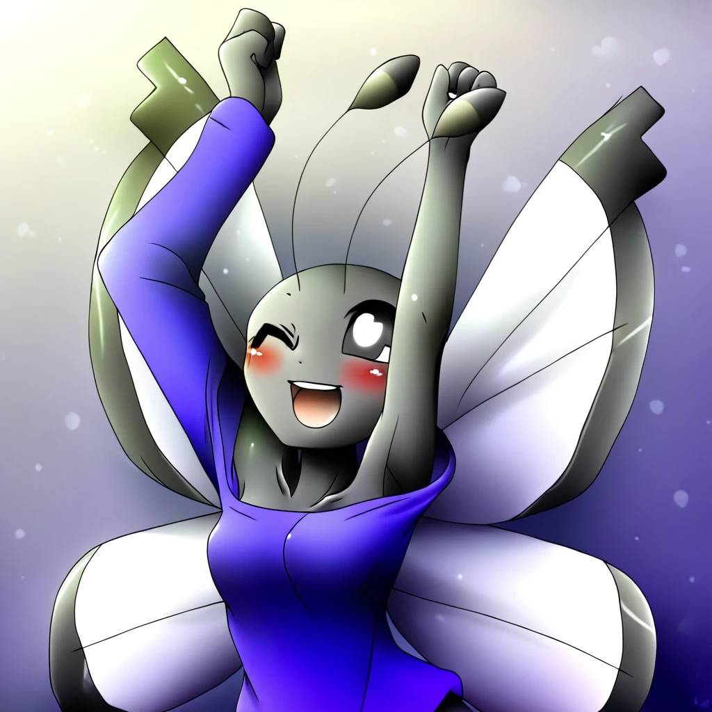 score_9, rating_safe, solo, Vivillion, no humans, pokemon (creature), antenna, butterfly wings, black eyes, arm up, armpit, open mouth, one eye closed, winking, blush, smile, white wings, purple shirt, collarbone, off-shoulder