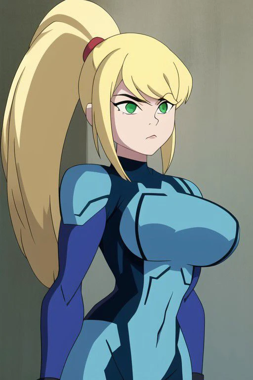 <lora:samus:0.7>samus,1girl, solo, long hair, breasts, looking at viewer, bangs, blonde hair, large breasts, holding, green eyes, ponytail, w  bodysuit, covered navel, muscular, abs, mole under mouth, skin tight, curvy female, blue bodysuit, zero suit, impossible bodysuit, samus aran,corridor, background masterpiece, best quality, 1girl, anime style,  upper body,  large breasts,  wyatt