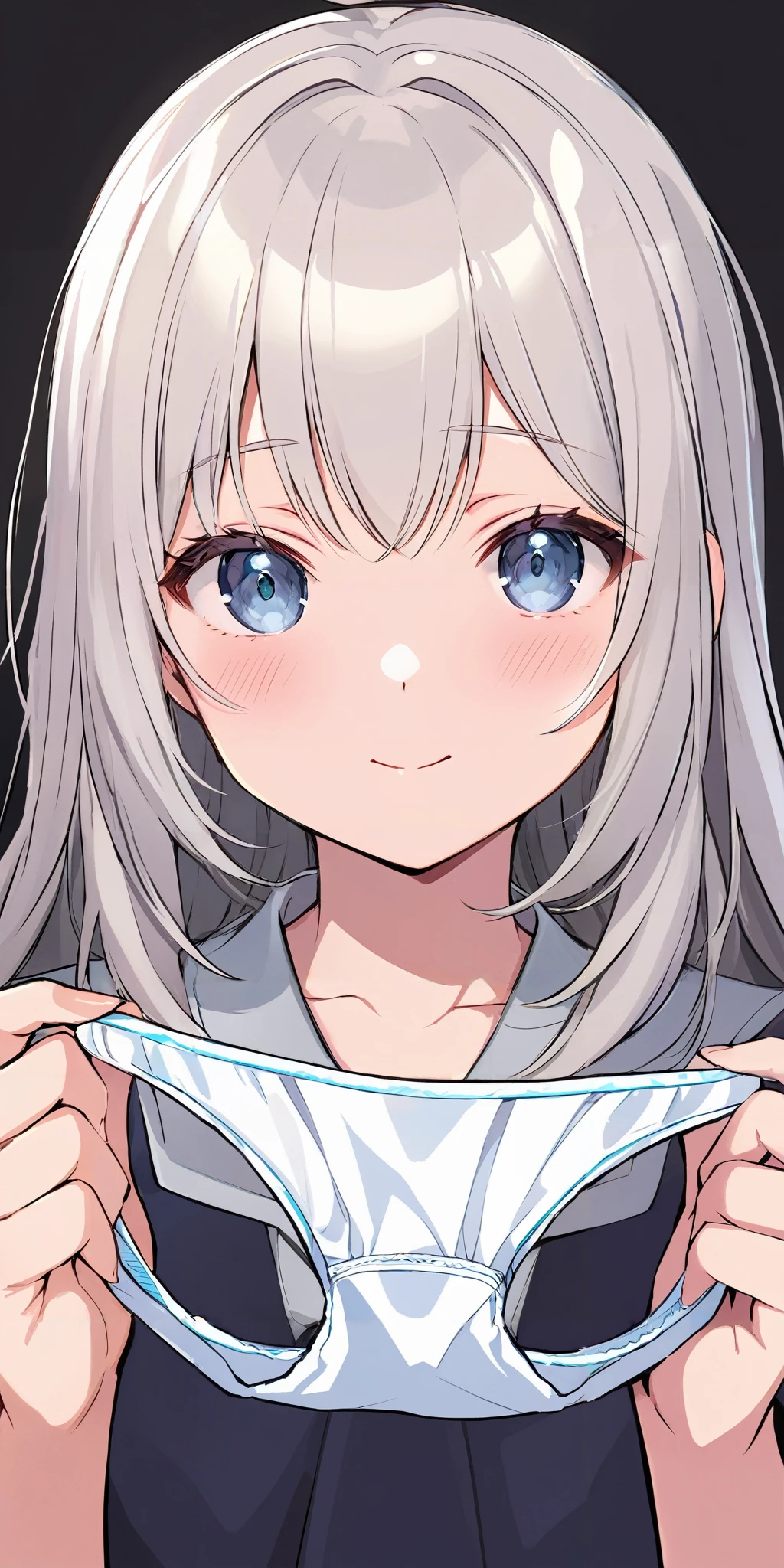 masterpiece,ultra-detailed,best quality,8K,illustration,cute face,clean skin ,shiny hair,girl,ultra-detailed-eyes,simple background, <lora:add-detail-xl:1>  <lora:present panties_XL_V1.0:1> holding panties, unworn panties