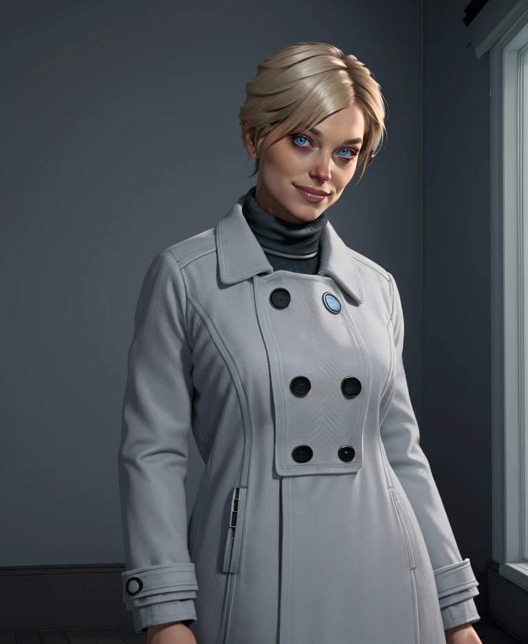 anartr,blonde hair,blue eyes,short hair,
grey coat,turtleneck,looking at viewer,
standing,light smile,
indoors,dark room,
(insanely detailed,  masterpiece, best quality),solo,<lora:ana:0.9>,