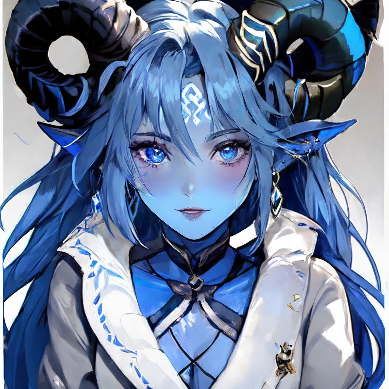 girl, blue skin, horns, glowing tattoo  <lora:tifling:0.9>