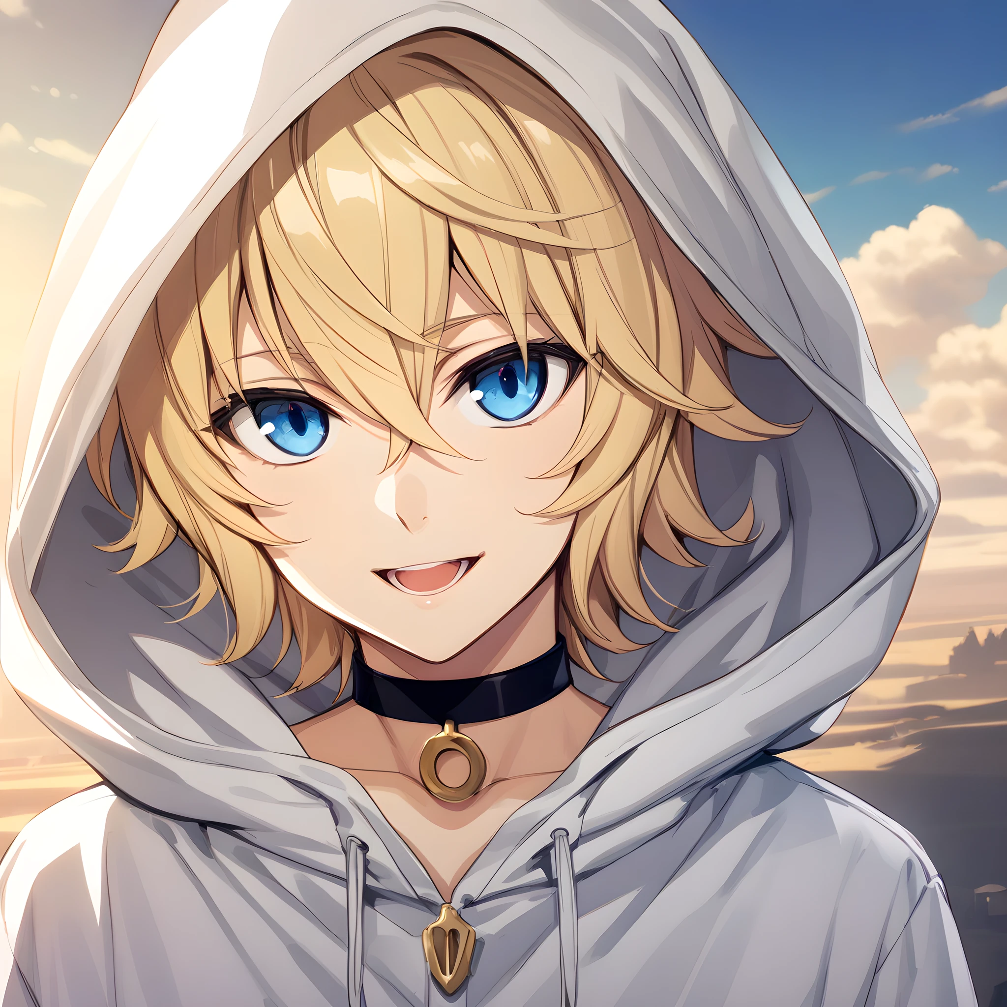 (masterpiece),(best quality),(ultra-detailed),(best illustration),(best shadow),(absurdres),(detailed background),(very aesthetic), hyakuya mikaela, blue eyes, blonde hair, solo, hood, smile, 1boy, male focus, open mouth, hoodie, sky, choker, cloud, looking at viewer, day, portrait,  <lora:mikaela:1>