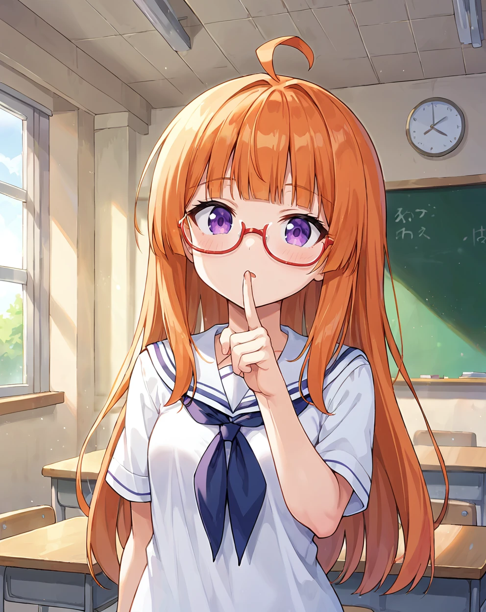 score 9, score 8 up, 1girl, masterpiece, upper body, long orange hair, (ahoge:0.9), glasses, blunt bangs, purple eyes, small breasts, school uniform, indoors, classroom,