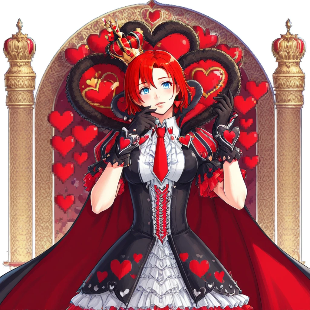 Short hair, red hair, blue eyes, queen of hearts costume, black gloves, red necktie, crown, cape, heart,