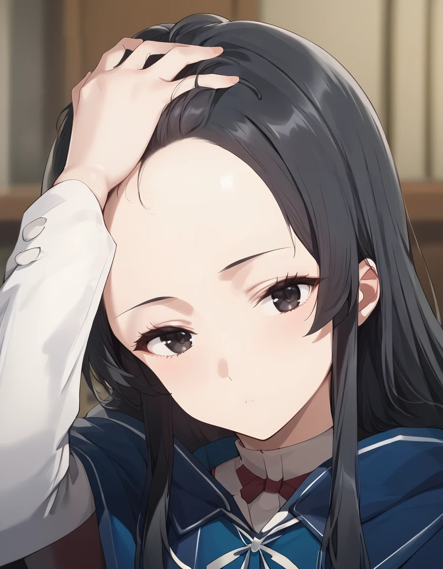 score_9, score_8_up, score_7_up, source_anime,
1girl, solo, looking at viewer, indoors, blurry background, depth of field,
<lora:revealing_forehead_concept-soralz:0.8>,
revealing forehead, hand on own hair, looking at viewer, blushed, blurry background, upper body, forehead, expressionless, head tilt,
<lora:nanahoshi_shizuka_anime_s2_v2-soralz:1>,nanahoshi shizuka, long hair, black hair, sidelocks, black eyes, school uniform, blue cloak, white sleeves,