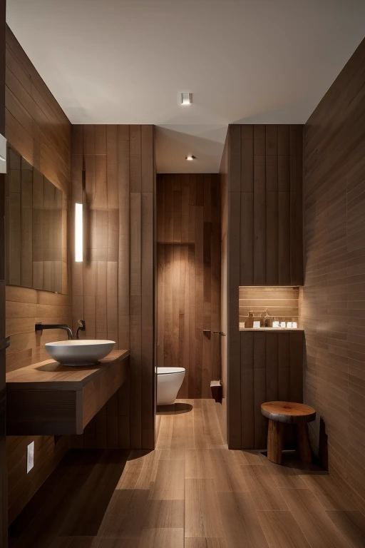 dark red wooden grid wall,bathroom,layered and textured,dark brown,clean lines,Wall lightbox,soft glow. (window:0.3),consistent design. Floor,warm beige,smooth finish,contemporary style,cozy,sophisticated,modern minimalist,<lora:redbrick:0.5>,