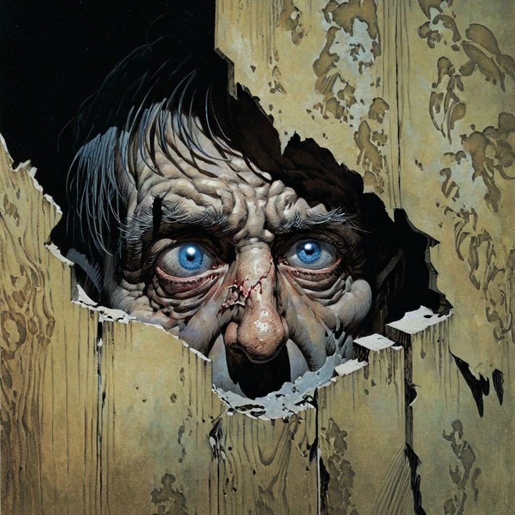 color illustration in berniewrightson style, extremely detailed, masterpiece, tenebrism, high contrast,
"The Tell-Tale Heart": Close-up of a bloodshot, dilated eye peering through a narrow crack in a dimly lit, decrepit room. The eye is surrounded by wrinkled, pale skin, conveying intense focus and madness. Faint moonlight filters through dusty curtains, casting eerie shadows across the room's peeling wallpaper and worn floorboards. A glint of metal from an old lantern is visible in the reflection of the eye.
<lora:BernieWrightson_Style_XL_V4.1:0.7>
