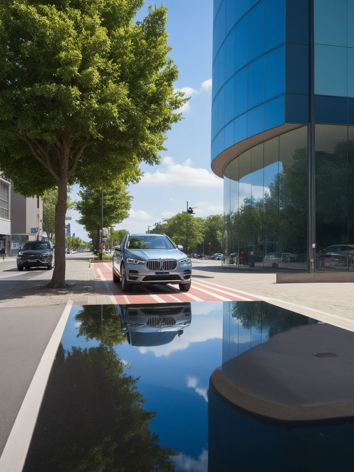 ,outdoors,,sky,day,cloud,bag,tree,ground vehicle,building,scenery,motor vehicle,walking,city,car,road,lamppost,street,crosswalk,real world location, glass, reflection,pool,
curtain wall,